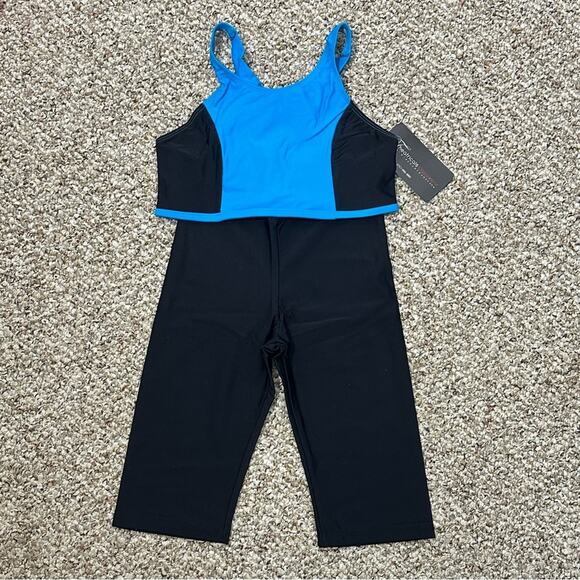 Theatricals blue black 2 piece dance set bike shorts crop top tank adult XS NWT - Picture 4 of 9